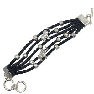 Elephant Theme Slide Charm Faux Leather Multi Row Toggle Bracelet